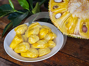 Fresh Jackfruit in white dish, half of jack fruit and jackfruit