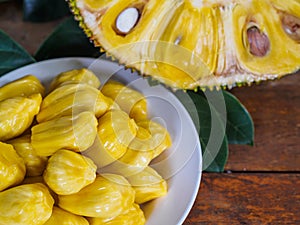 Fresh Jackfruit in white dish, half of jack fruit and jackfruit