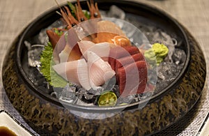 Fresh Japanese seafood platter cuisine on the dining table