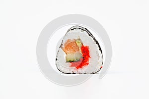 Fresh japanese sushi rolls on a white background