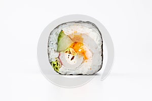 Fresh japanese sushi rolls on a white background