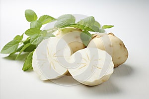 Fresh jicama on white backdrop for captivating ads and packaging designs that engage viewers.