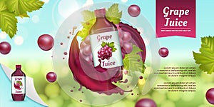 Fresh juice bottle, float packaging. Ad with fly nature fruits, juicy vitamins, advertising. Grape berries, purple