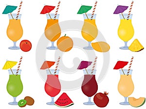 Fresh juice cocktails collection in high glass with drinking straw and cocktail umbrella vector illustration