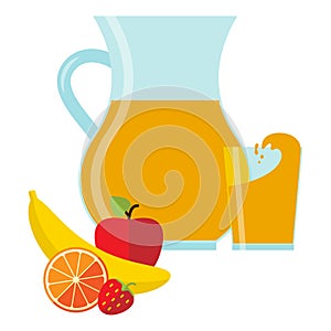Fresh juice in jug and glass and fruit