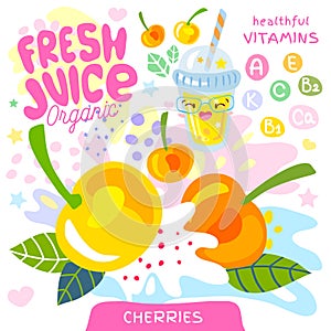 Fresh juice organic glass cute kawaii character. Cherries berry berries yogurt smoothies cup. Vector illustration.