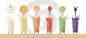 Fresh juice pouring from colorful fruits