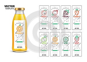 Fresh juice realistic glass bottle with labels set