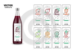 Fresh juice realistic glass bottle with labels set