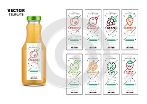 Fresh juice realistic glass bottle with labels set