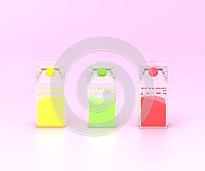 Fresh juice realistic glass canned bottle set. Healthy organic product, natural vegan nutrition packaging mockup. 3d