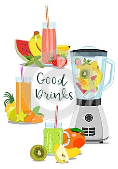 Fresh juice and smoothies in jars and blender. Vector illustration