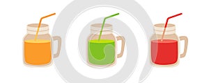 Fresh juice vector illustration set, colorful juices on mason jar, flat design style, orange green red on white background
