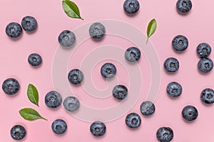 Fresh juicy blueberries with green leaves on pink background. Blueberries background. Flat lay top view copy space. Healthy berry