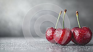 Fresh, juicy cherries with water droplets