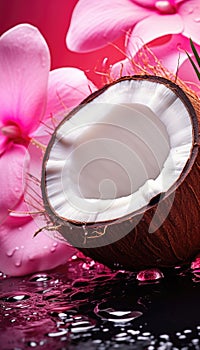 Fresh juicy coconut halves, palm leaves and flowers painted in metallic pink with water droplets