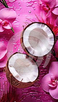 Fresh juicy coconut halves, palm leaves and flowers painted in metallic pink with water droplets