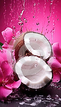 Fresh juicy coconut halves, palm leaves and flowers painted in metallic pink with water droplets