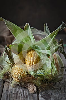 Fresh juicy corn with leaves on a wooden table. Autumn background. Selective focus.