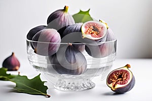 Fresh juicy figs and halves lie in a glass vase and nearby on a white table. Ripe summer fruits