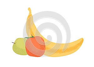 Fresh juicy fruits in orange, green and yellow colors. Two apples and a banana isolated on white background. Hand drawn