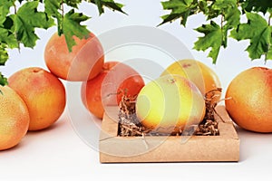 Fresh juicy grapefruits on a white table