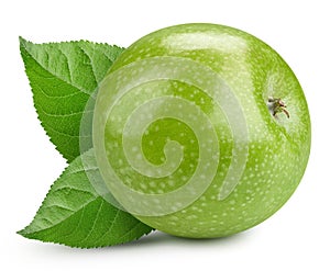 Fresh juicy green apple with leaves on a white