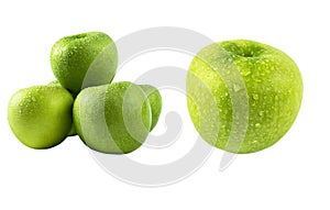 Fresh juicy green apple with water drops isolated on white background. Apple isolated
