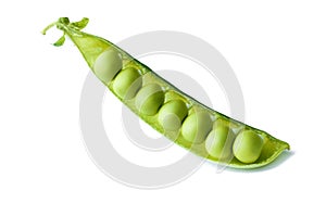 Fresh juicy green peas isolated on white background, close-up