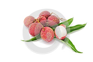 Fresh juicy lychee fruit, peeled to show the flesh white on white background.