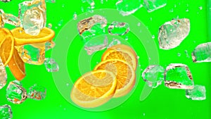 Fresh juicy orange and juice, ice cube and water drops splash pours in super slow motion 1000 fps. Citrus orange slices