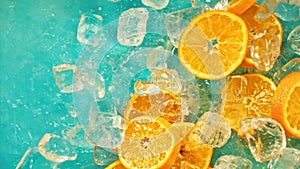 Fresh juicy orange and juice, ice cube and water drops splash pours in super slow motion 1000 fps. Ice cube and citrus