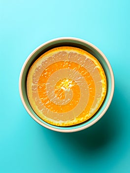 Fresh Juicy Orange Slice in a Bowl on Vibrant Blue Background, Perfect for Summer Refreshment and Healthy Diet Inspiration,