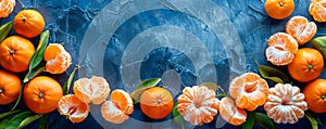 Fresh and Juicy Oranges and Tangerines on a Textured Blue Background with Leaves Perfect for Healthy Food and Citrus Fruit Themes