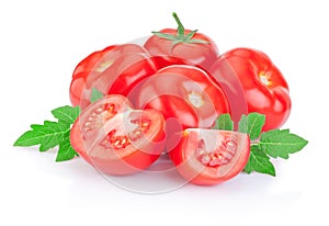 Fresh Juicy red tomato and slice with leaves Isolated