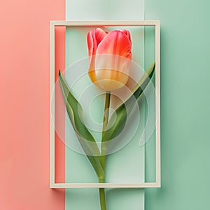 Fresh juicy red tulip on light colored background in frame