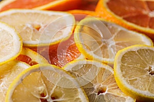 Fresh juicy orange and lemon fruit rings close up background.