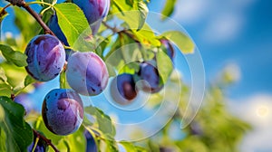 Fresh juicy ripe plums on a tree in a summer garden.