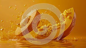 Fresh Juicy Sliced Pumpkin Splashing in Golden Liquid with Seeds and Pulp Frozen Motion on Amber Background