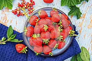 fresh juicy strawberries in a blue plate on an old wooden rural table, next to it is a dark blue napkin and mint leaves and