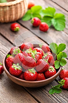 Fresh juicy strawberries with leaves. Strawberry.