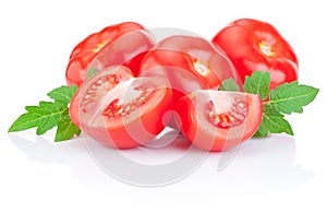 Fresh Juicy tomato with green leaves Isolated on white