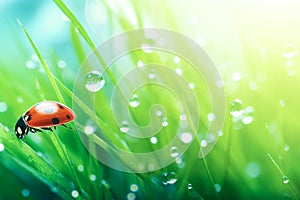 Fresh juicy young grass in droplets of morning dew and a ladybug in summer spring on a leaf macro.