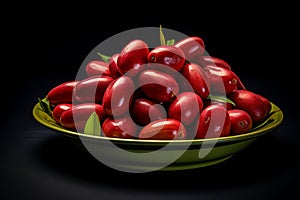 Fresh jujube fruit in a wooden bowl. Black background. Sweet and nutritious red Ziziphus. Chinese red date fruit