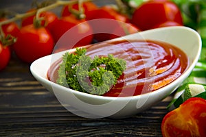 Fresh ketchup, tomato antioxidant traditional wooden background vegetable