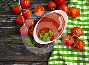 Fresh ketchup, tomato  antioxidant  wooden background vegetable