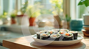 Fresh kimbap rolls with colorful vegetables on white rectangular plate in bright minimalist kitchen with natural