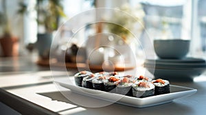 Fresh kimbap rolls with colorful vegetables on white rectangular plate in bright minimalist kitchen with natural