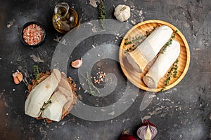 Fresh King Oyster Mushroom, Pleurotus eryngii on a dark background, banner, menu, recipe place for text