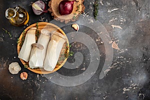 Fresh King Oyster Mushroom, Pleurotus eryngii on a dark background, banner, menu, recipe place for text